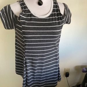 Gray and white striped top with cold shoulders